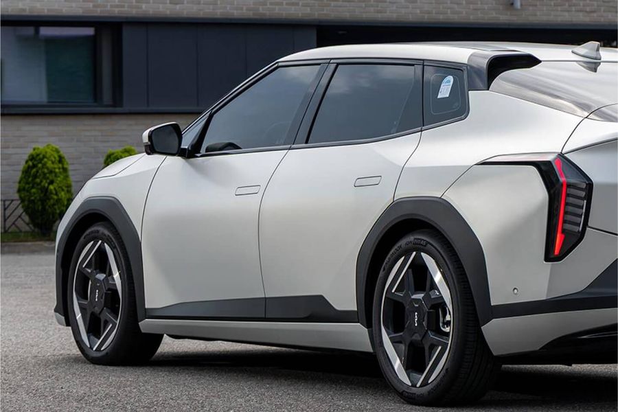Rear three-quarter view of a Kia EV4 sedan